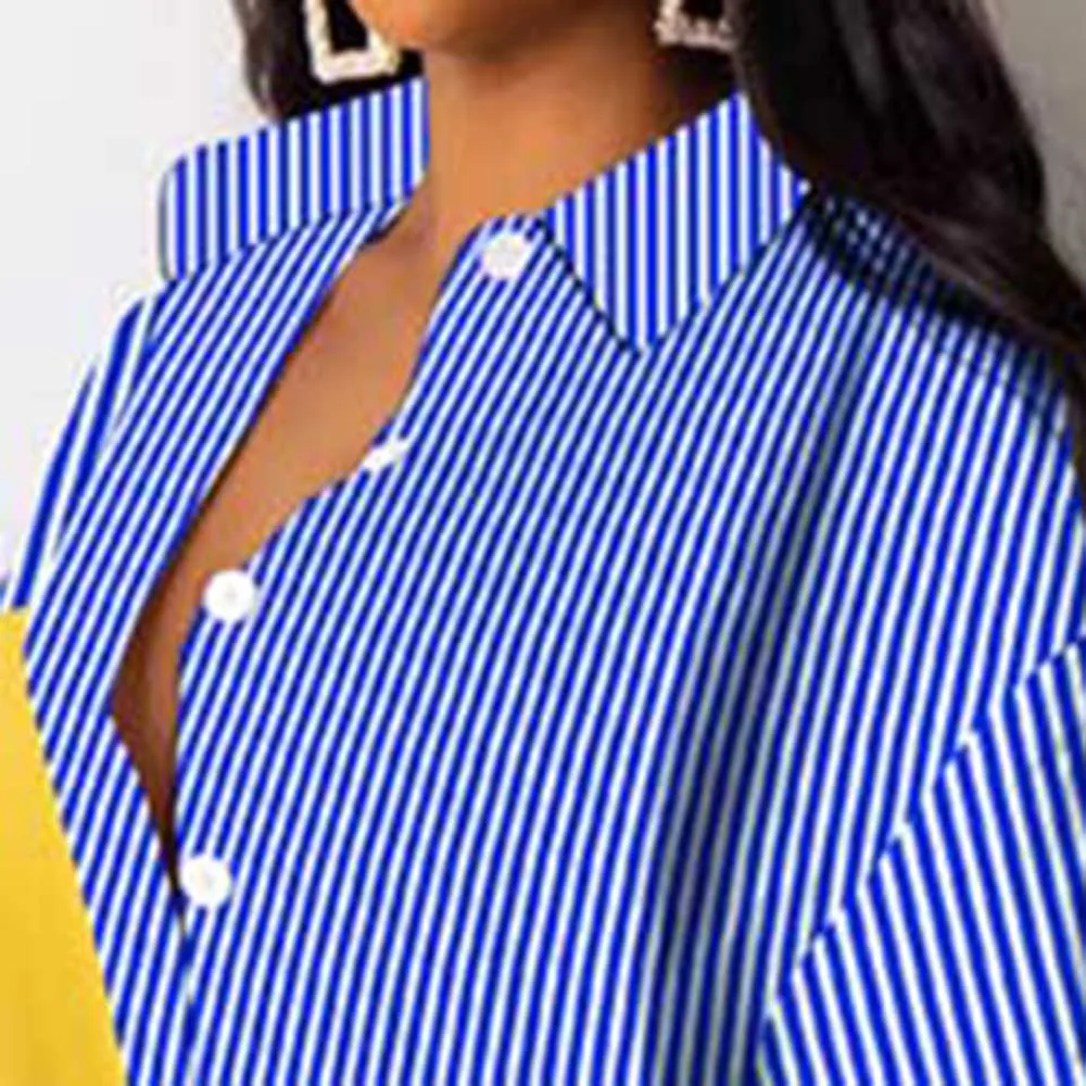 Modra Mozaik Ženske Shirt Obleko Z Dolgimi Rokavi Proge Tiskanja 2020 Poletje Jesen Mid-Dolgo Haljo Femme Afriške Urad Maxi Vestidos