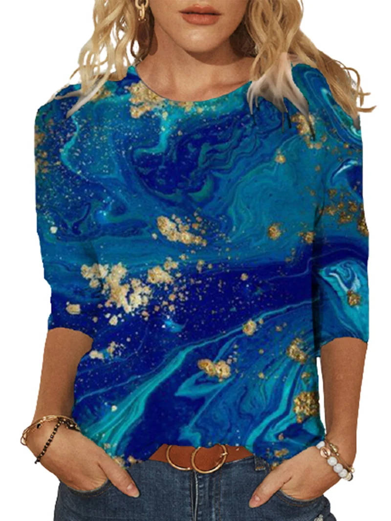 Modra Prostor Ocean 3D Tiskanja Harajuku T-shirt Priložnostne O-Vratu Dolgimi Rokavi Ženske Pomlad Top Moda Plus-Size Ulične Lady Tees 5XL
