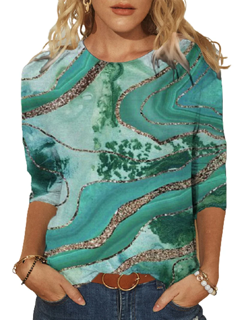 Modra Prostor Ocean 3D Tiskanja Harajuku T-shirt Priložnostne O-Vratu Dolgimi Rokavi Ženske Pomlad Top Moda Plus-Size Ulične Lady Tees 5XL