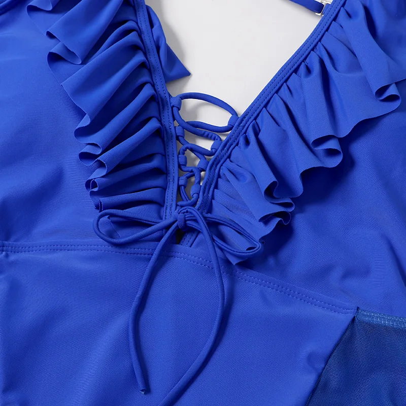 Modra Ruffle Off Ramenski En Kos Kopalke Seksi Kopalke Tangice Monokini High Cut Kopalke Povoj Kopalke Ženske Trikini 2020
