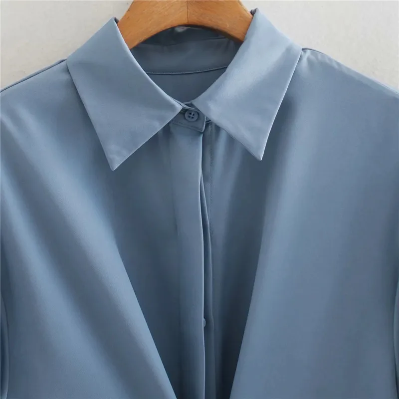 Modra Saten Majica Midi Obleko Za Ženske Do Leta 2020 Moda Belovrati Dolg Rokav Naguban Gumb Dolga Obleka Ženska Eleganten Casual Obleke