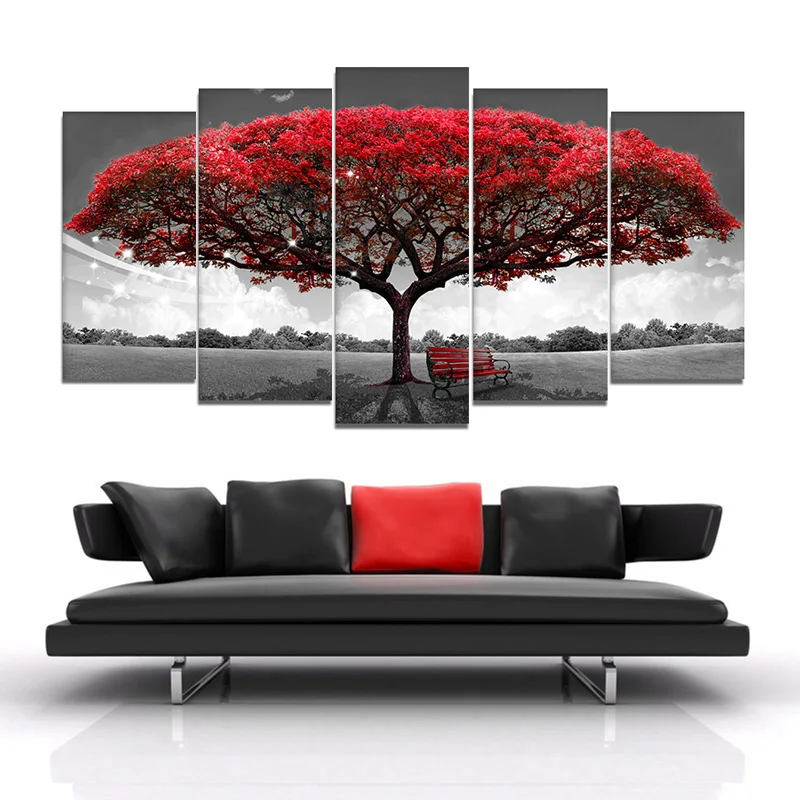 Modularna 5 Plošče Rdeči Listi Drevesa, Pokrajino Pokrajina Platno Slikarstvo Plakatov In Fotografij Wall Art Slik, Dnevna Soba Dekor