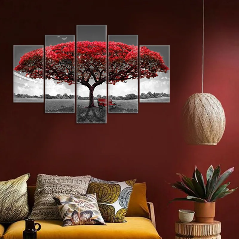 Modularna 5 Plošče Rdeči Listi Drevesa, Pokrajino Pokrajina Platno Slikarstvo Plakatov In Fotografij Wall Art Slik, Dnevna Soba Dekor