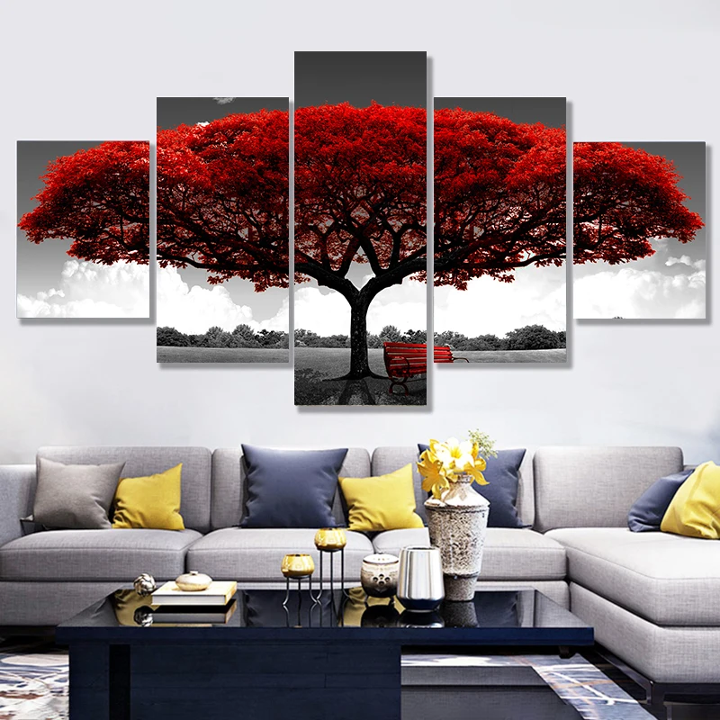 Modularna Platno HD Tiskanje Plakatov Doma Dekor Wall Art Slike 5 Kosov Rdeče Drevo Umetnosti Pokrajino Pokrajina Slike Brez Okvirja