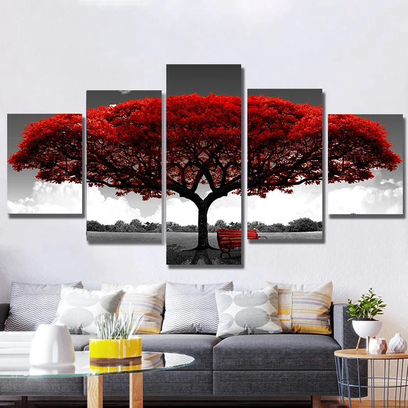 Modularna Platno HD Tiskanje Plakatov Doma Dekor Wall Art Slike 5 Kosov Rdeče Drevo Umetnosti Pokrajino Pokrajina Slike Brez Okvirja