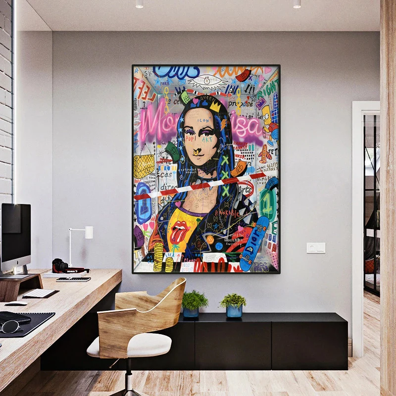 Mona Lisa povzetek street art plakat in stensko sliko na steni v dnevni sobi zanimivo slikarsko platno za dekoracijo doma