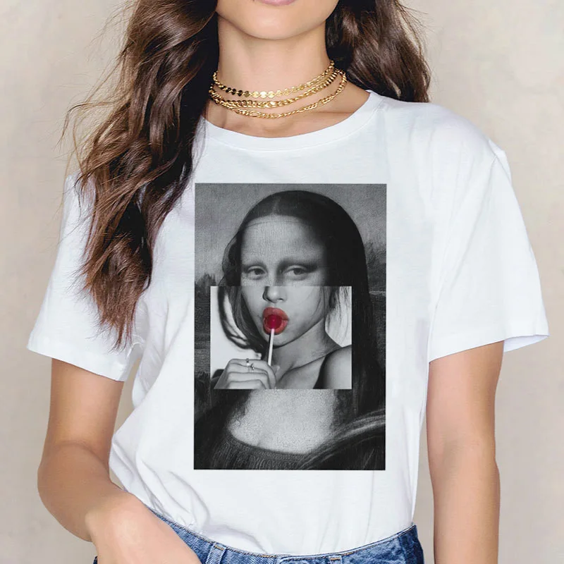 Mona Lisa T Shirt Nova Ženska T-shirt 90. letih Estetske Woment Stilsko Ullzang hip hop Bela Harajuku Tshirt vrh tee Moda Letnik