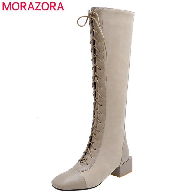 MORAZORA 2020 vrh kakovosti umetno usnje +čredo kolena visoki škornji ženske čipke zip jeseni, pozimi škornji ženska kvadratnih petah čevlji