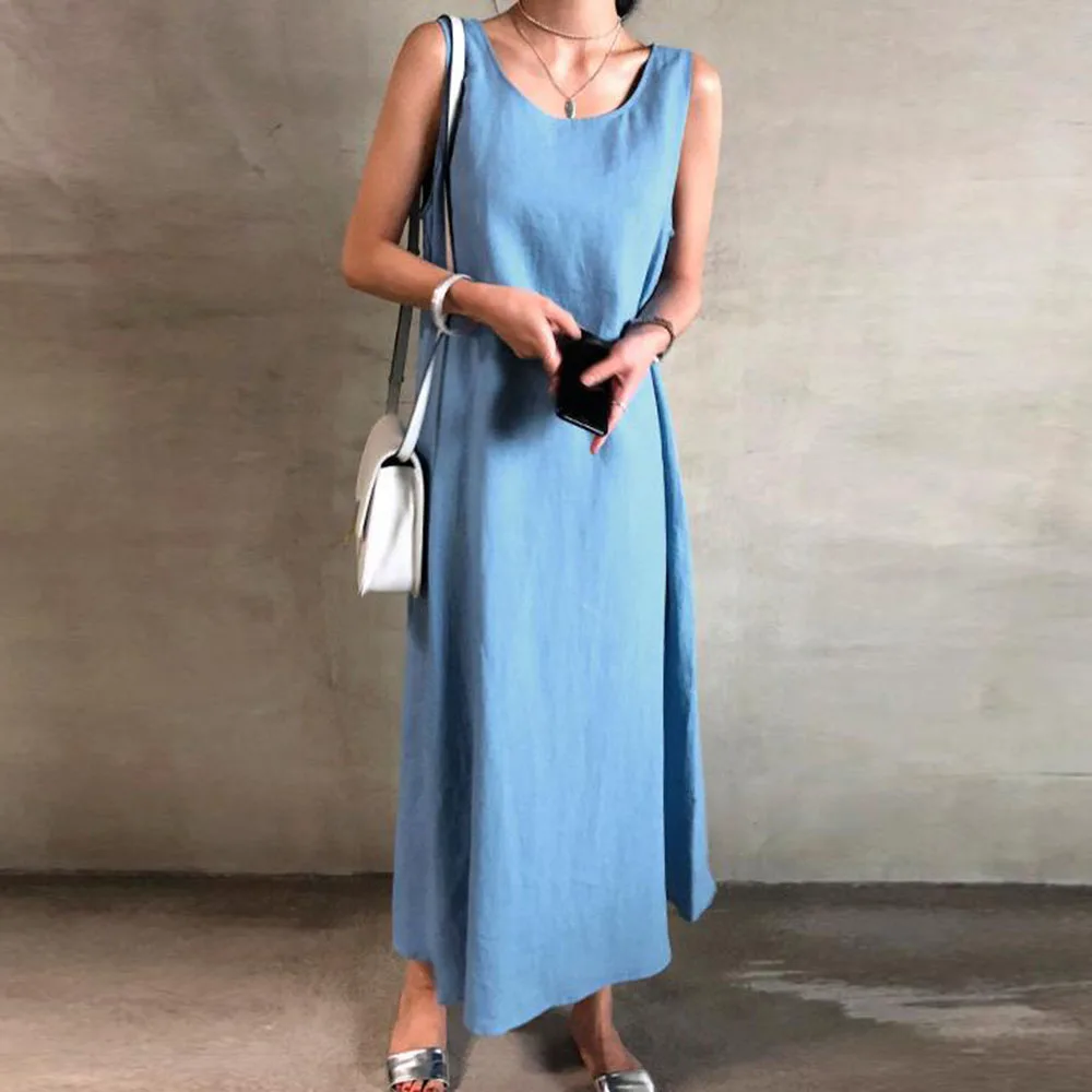 Mori Dekle Brez Rokavov Maxi Obleka Ženske Bela Modra Dolgo Priložnostne Poletje Svoboden Plus Velikost Obleko Vestidos Korejskem Slogu 2020