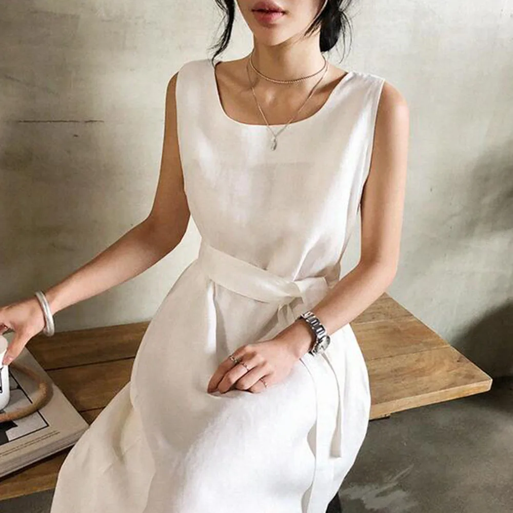 Mori Dekle Brez Rokavov Maxi Obleka Ženske Bela Modra Dolgo Priložnostne Poletje Svoboden Plus Velikost Obleko Vestidos Korejskem Slogu 2020