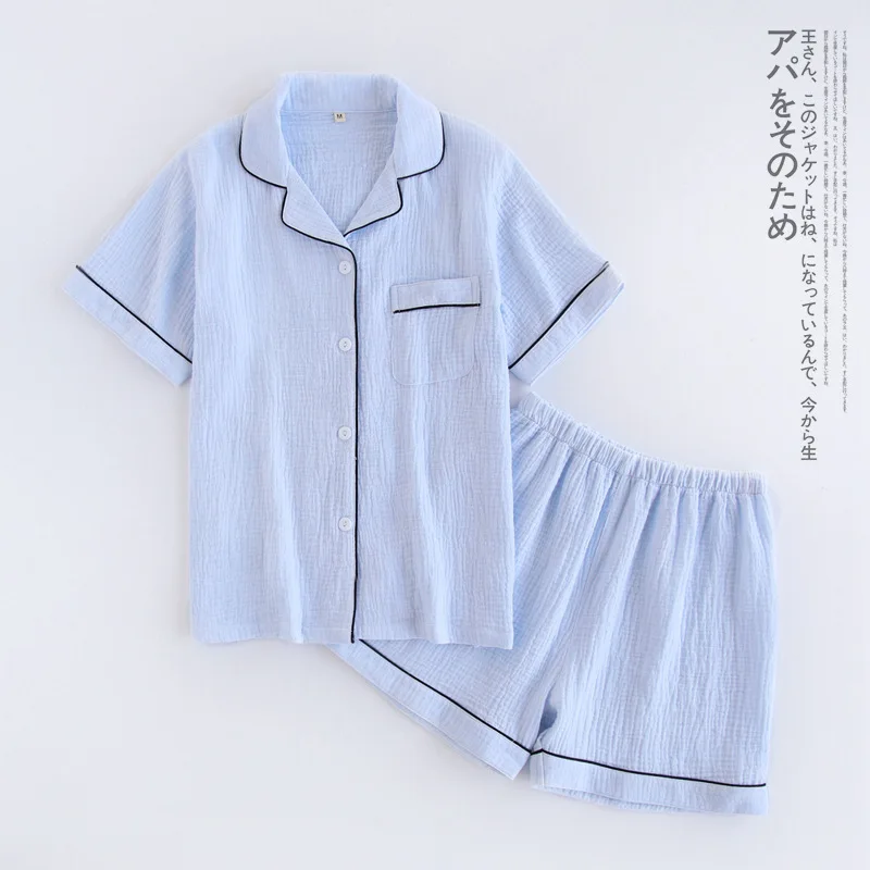 Mornarsko modra bombažne krep hlače, pižame določa ženske poletje Japonski preprost pijamas mujer pižame ženske priložnostne sleepwear