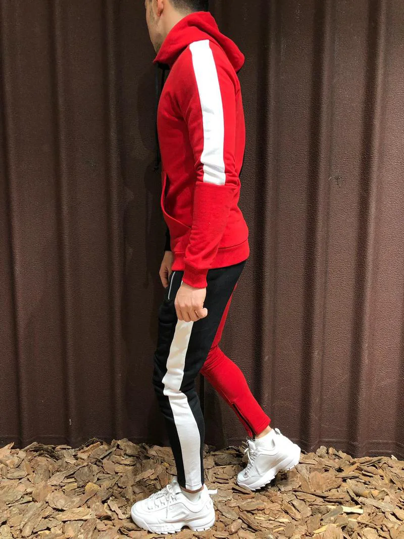 Moška Športna Športna Sweatsuit Fashion Color Matching Tanek pulover s kapuco in Hlače Šport Dve-kos Moških Obleko Nastavite Ansambel Homme