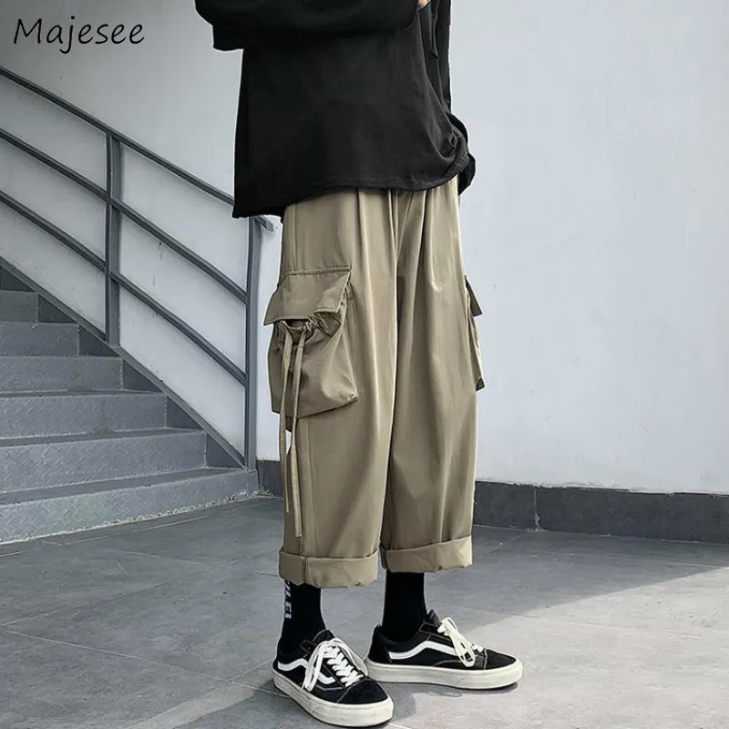 Moške Hlače Priložnostno Trdna Elastični Pas Gleženj-dolžina Črno Vojsko Zelena Žepi Moda Preprosta, Elegantna Svoboden korejski Slog, ki je Vse-ujemanje Dodatki