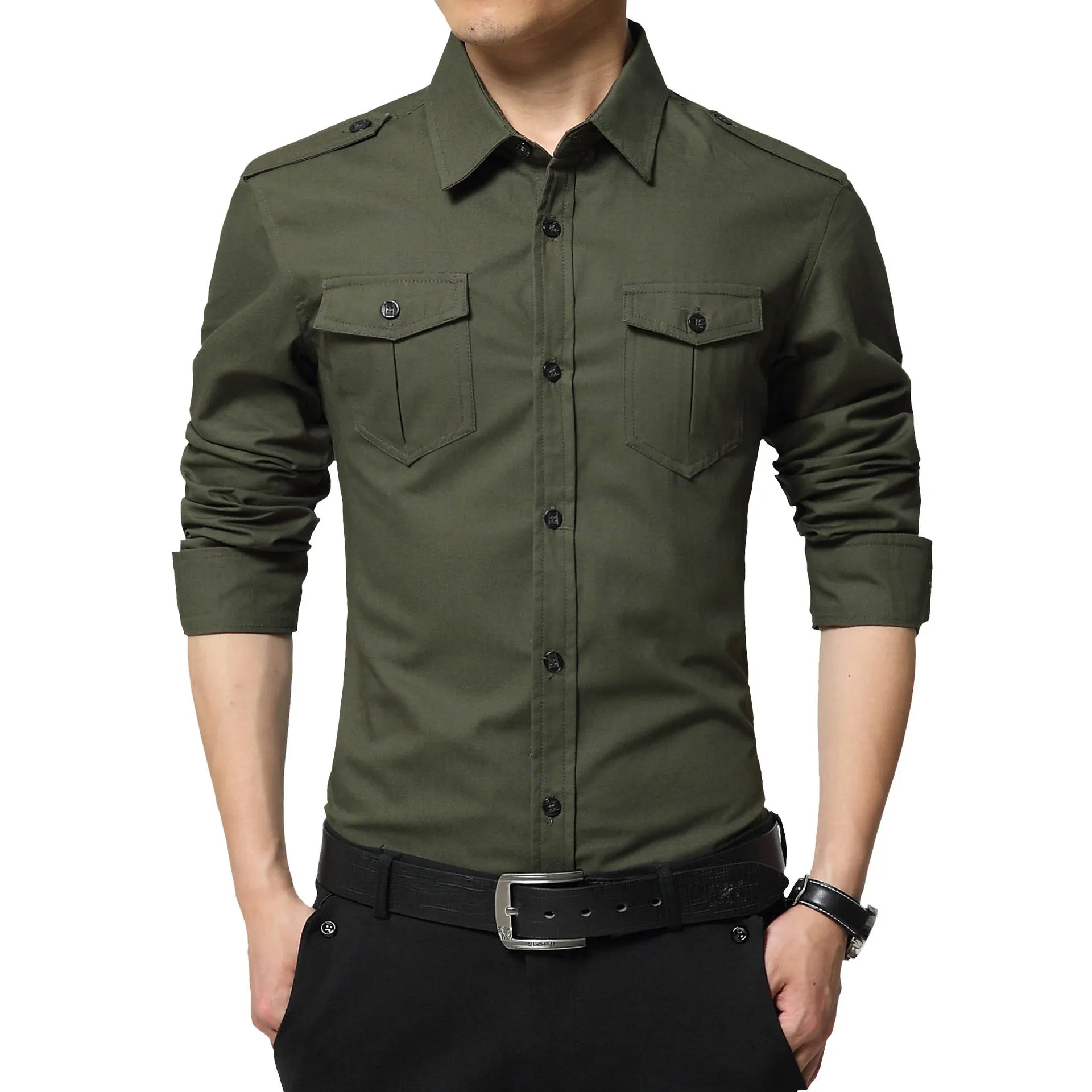Moške Majice Dolg Rokav 2020 Nov Prihod Modni Moški Bombaž Redno Slim Fit Vojaške Priložnostne Poslovne Srajce Epaulette Žep