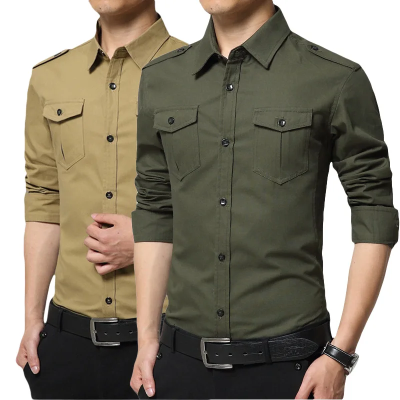 Moške Majice Dolg Rokav 2020 Nov Prihod Modni Moški Bombaž Redno Slim Fit Vojaške Priložnostne Poslovne Srajce Epaulette Žep