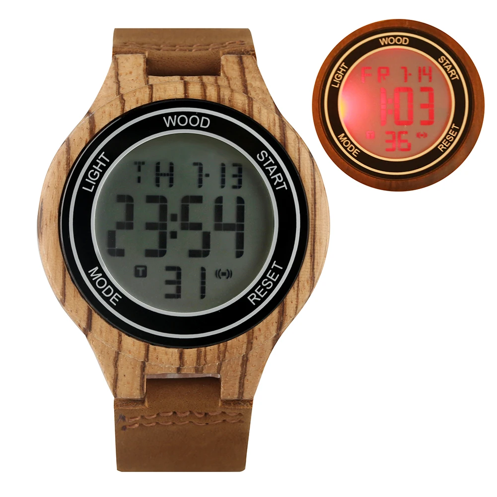 Moške Priložnostne Lesa Digitalni Watch Premium Usnje, usnjeni Trak Enoličen Digitalni LED Zaslon Občutljivo Velike Ebony Lesene Primeru ročno uro