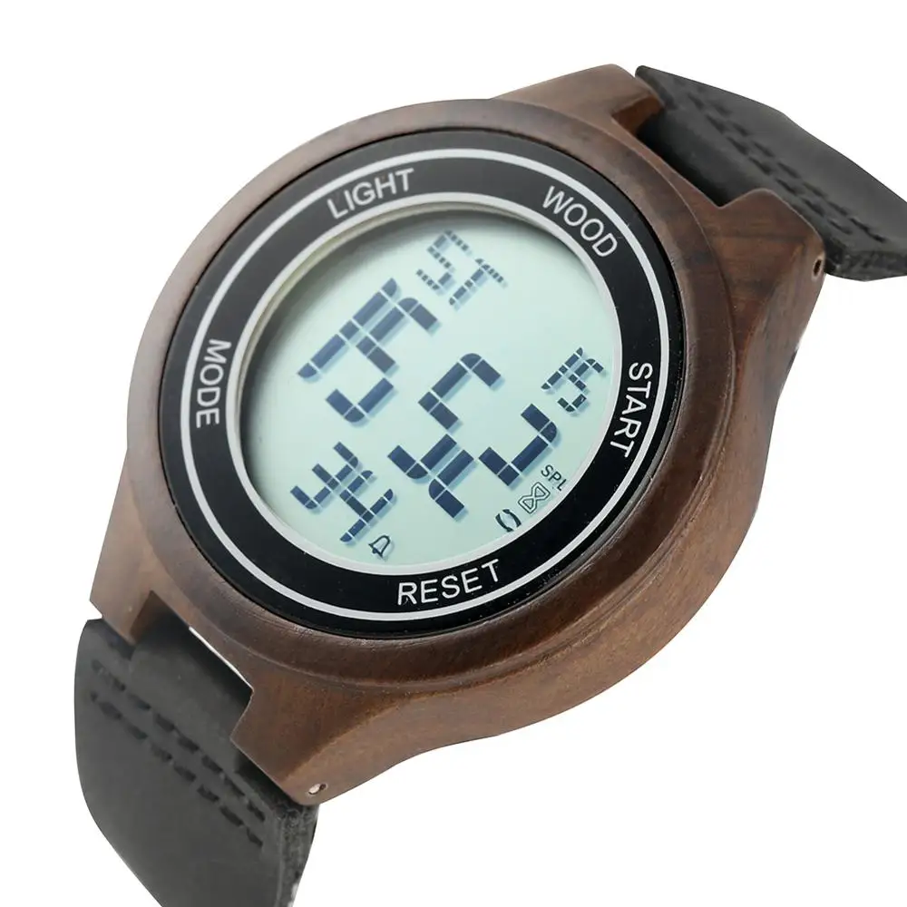 Moške Priložnostne Lesa Digitalni Watch Premium Usnje, usnjeni Trak Enoličen Digitalni LED Zaslon Občutljivo Velike Ebony Lesene Primeru ročno uro