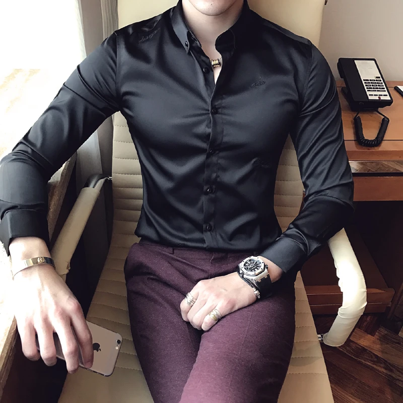Moške Priložnostne Long Sleeve Majica Elastična 2019 Nova moška Moda Boutique Barva Vezenje Priložnostne Poslovnih Dolgo sleeved Majica