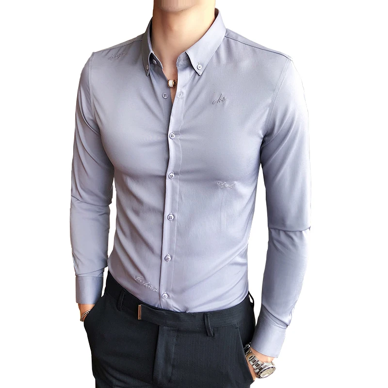 Moške Priložnostne Long Sleeve Majica Elastična 2019 Nova moška Moda Boutique Barva Vezenje Priložnostne Poslovnih Dolgo sleeved Majica