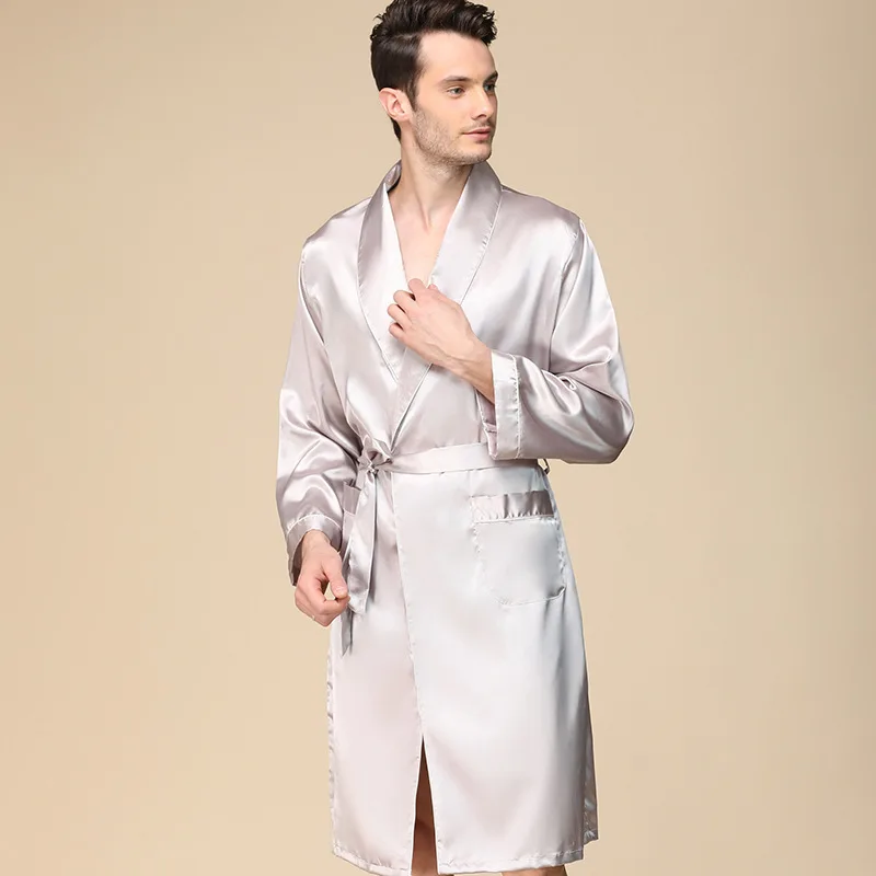 Moške Svilenih Oblačilih, Plus Velikost 5XL Saten Dolg Rokav Pižamo kopalni plašč Moški Nightgown Sleepwear Kimono Trdna Hišna Obleke