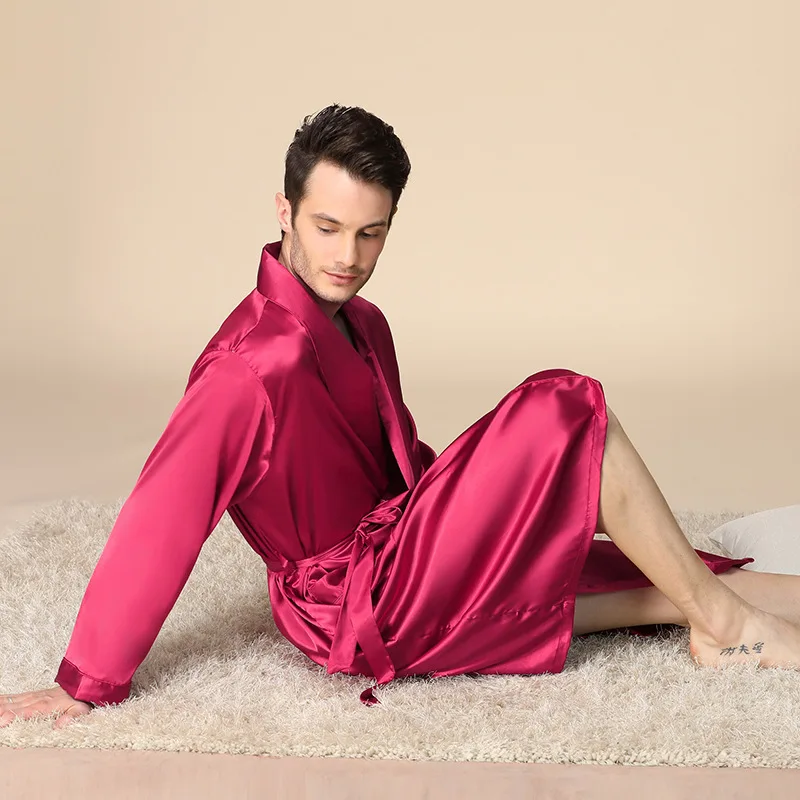 Moške Svilenih Oblačilih, Plus Velikost 5XL Saten Dolg Rokav Pižamo kopalni plašč Moški Nightgown Sleepwear Kimono Trdna Hišna Obleke