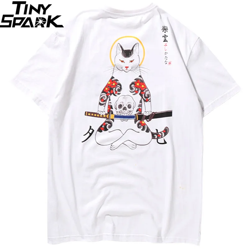 Moški Harajuku T Shirt Japonski Ninja Mačka Lobanje Tshirt Hip Hop Ulične Ukiyoe Vezenje Na Majice 2020 Poletje Bombaž Vrhovi Tees