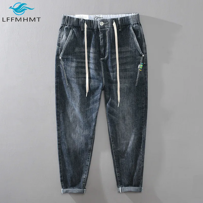 Moški Jesenski Elastični Vmesni Pas Ulične Priložnostne Svoboden Traper Hlače Koreja Slog Visoke Kakovosti Vintage Divje Trendy Mens Jeans Hlače