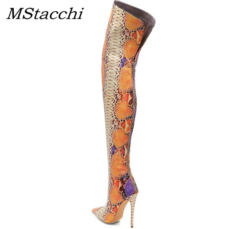 MStacchi Plus Velikost 34-45 Žensk Snakeskin Nad kolena Škornji Ženske v Visokih Petah Dolgo Botas Mujer 2020 Pozimi Črpalke Dame Čevlji