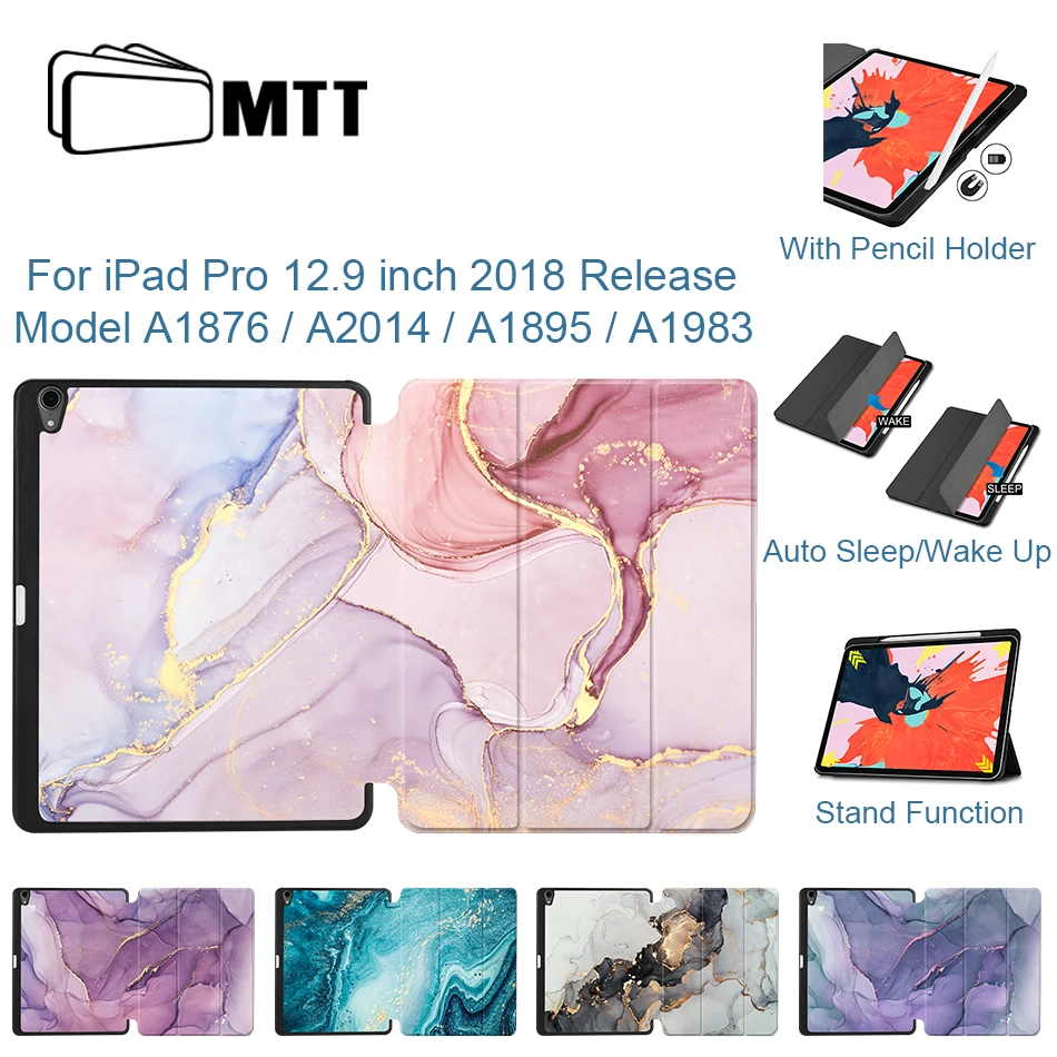 MTT Marmorja PU Usnjena torbica Za iPad Pro za 12,9 palčni 3. Generacije 2018 Magnetni Flip Stojalo Pokrov Tablični Primeru Z Imetnik Svinčnik
