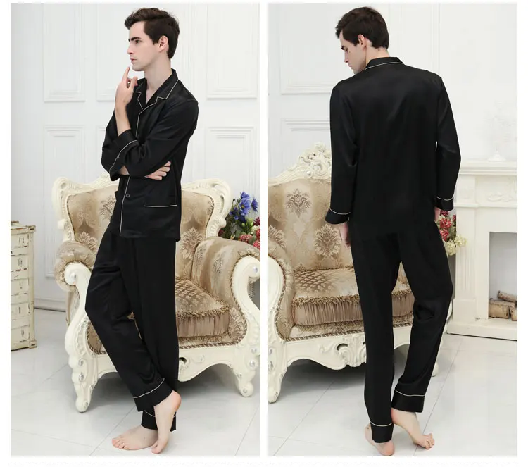 Mulberry Svile Sleepwear Resnično Težka Svila Dolgimi Rokavi Moški Plus Velikost Pajama nastavi S M L XL XXL Brezplačna Dostava