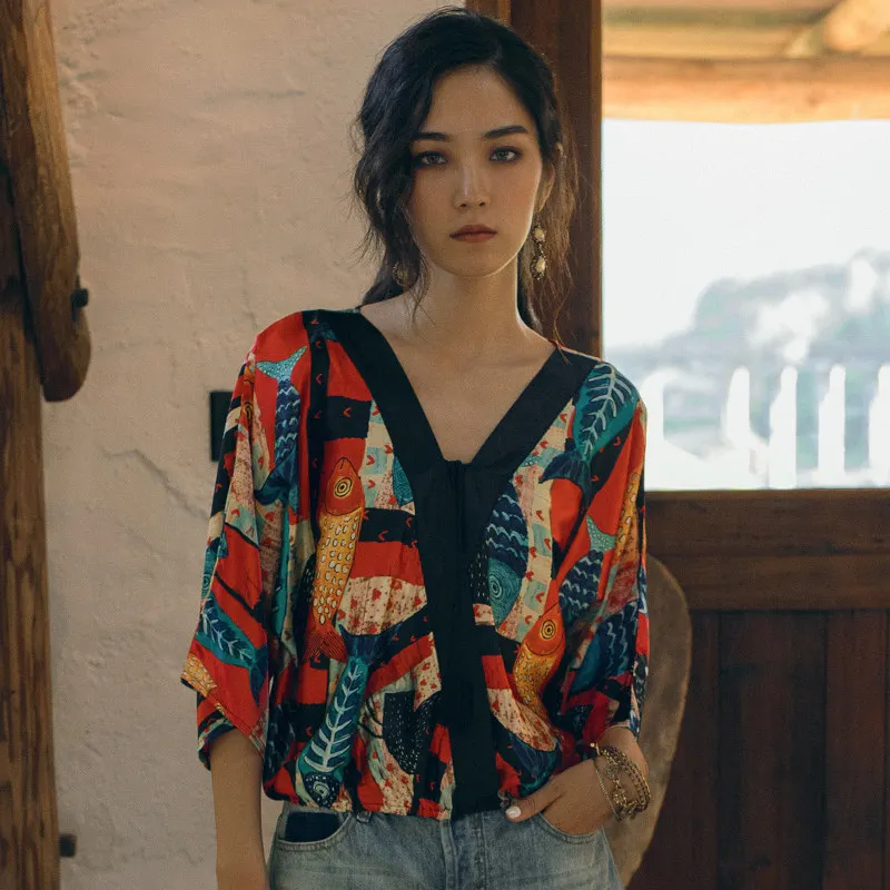 MUMUZI Kontrast Barve 3/4 Flare Sleeve Zgornji del Ženske V Vratu Metulj Letnik Japonski Kimono Bluzo 2020 ribe tiskanja retro Bluze