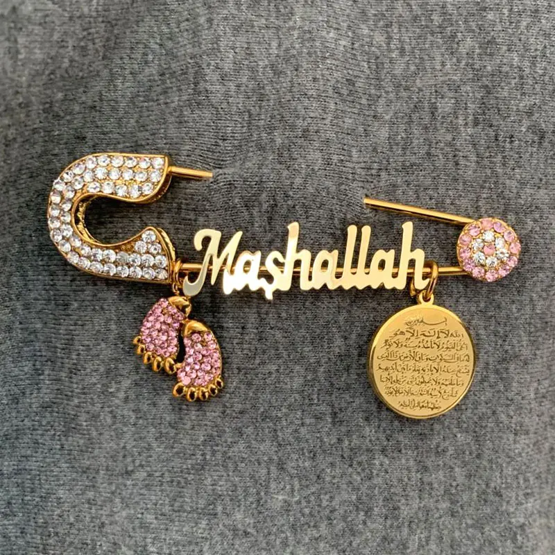 Musliman, turške zlo oko Mashallah iz Nerjavečega jekla roza broška muslimanskih AYATUL KURSI baby pin