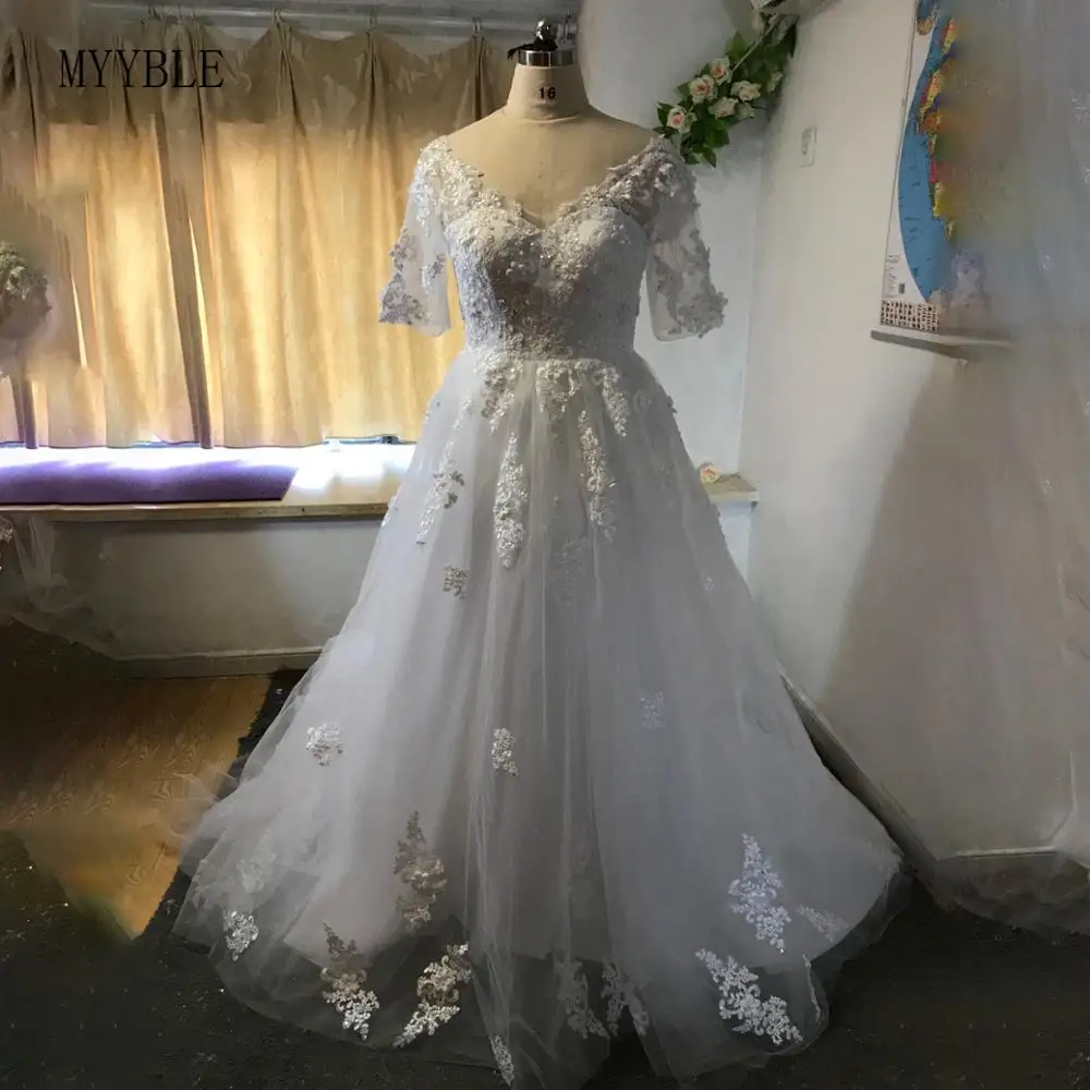 MYYBLE Nove Afriške Žogo Obleke Poročni Obleki 2021 Off Ramo Eleganten Čipke 3D Cvetje Vlak Poročne Poročni Obleki