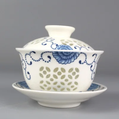Na prodajnih Kitajski tureen porcelana skodelice skledo handpainted votlih-out oblika gaiwan keramični zajeti sklede skodelica krožnik s pokrovom nova