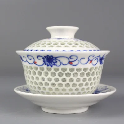 Na prodajnih Kitajski tureen porcelana skodelice skledo handpainted votlih-out oblika gaiwan keramični zajeti sklede skodelica krožnik s pokrovom nova