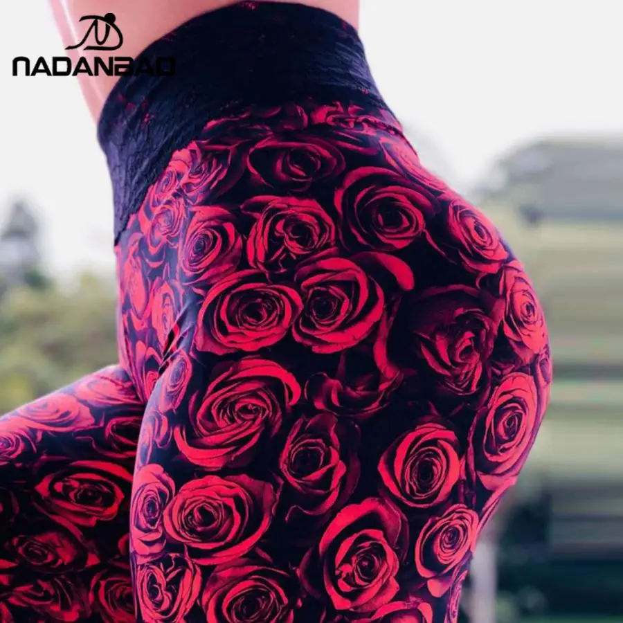 NADANBAO Ženske Fitnes Dokolenke 3D Rose Natisnjeni Dokolenke Visoko Elastični Pas, Tek Seksi Ženske Hlače