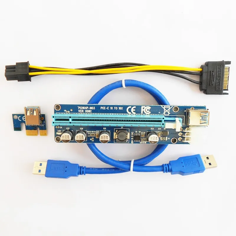 Nadgradnja Edition VER008C Riser PCI-E 1x, da 16x Riser Card LED USB 3.0 PCI-E 6pin Moč za BTC Asic Bitcoin Rudar Antminer Rudarstvo