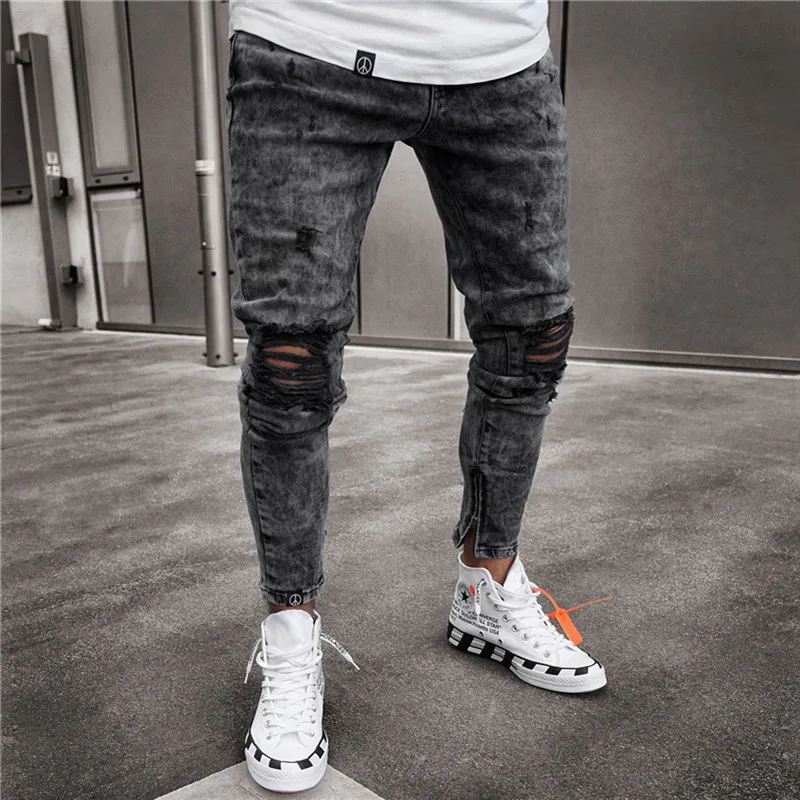 NAM velikost Novih Moških hip hop letnik Snežinka pranje sivo Raztrgala Skinny Jeans kolena luknje Uničeno Ulične kavbojke Jogger Traper Hlače