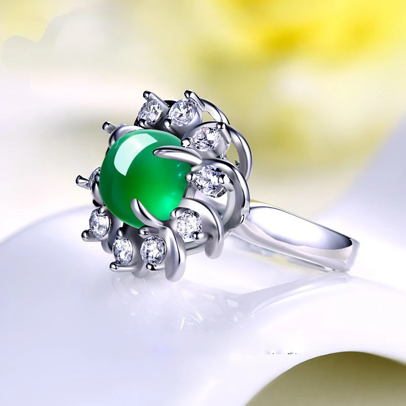 Naravna Zelena Chalcedony 925 Sterling Srebrni Barvi Ring Za Ženske Smaragdno Obroči Green Jade agate Cirkon Posla 925 Nakit