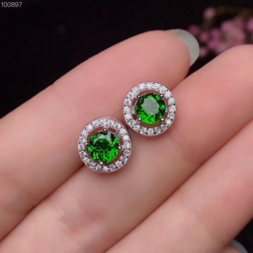 Naravna zelena diopside stud uhani 925 srebro, naravni gemstone uhani Klasičnih preprost krog sončnično žensk stranka nakit