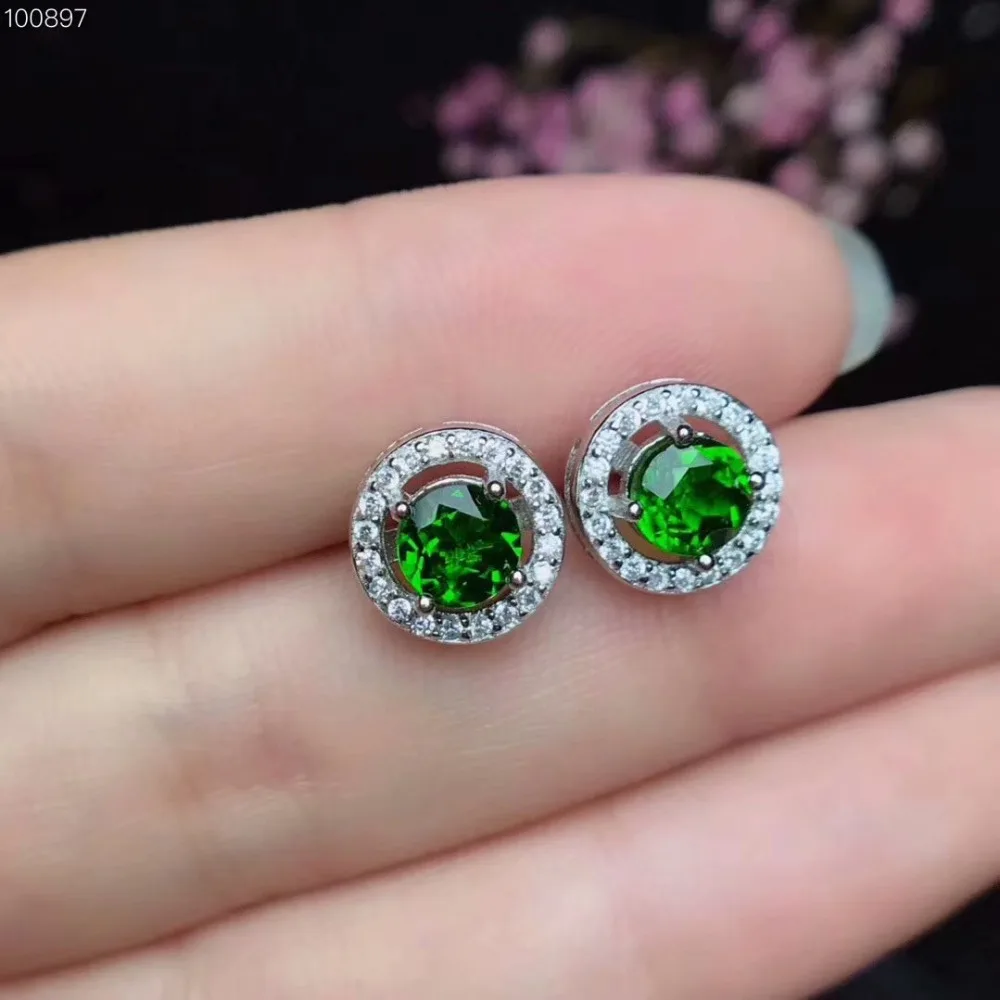 Naravna zelena diopside stud uhani 925 srebro, naravni gemstone uhani Klasičnih preprost krog sončnično žensk stranka nakit
