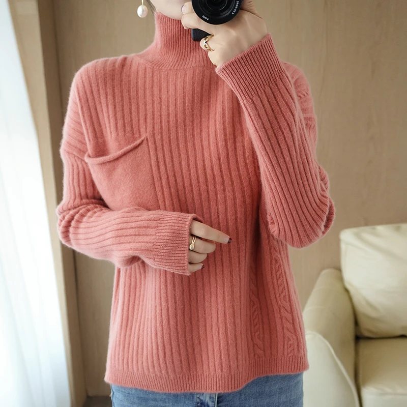 Naravne volne turtleneck pulover ženske puloverju puloverji s pocket ženski pozimi toplo jakno debela dekleta priložnostne ohlapen pulover