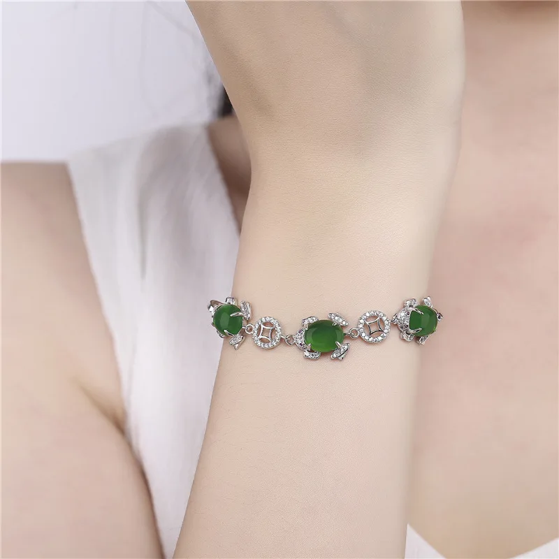 Naravni Green Jade Chalcedony Krog Zapestnica Agate 925 Srebrna Ogrlica Čar, Moda Nakit Vklesan Amulet Darila za Svoje Ženske