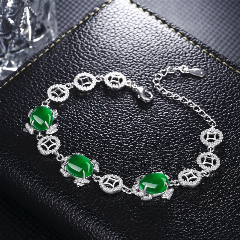 Naravni Green Jade Chalcedony Krog Zapestnica Agate 925 Srebrna Ogrlica Čar, Moda Nakit Vklesan Amulet Darila za Svoje Ženske