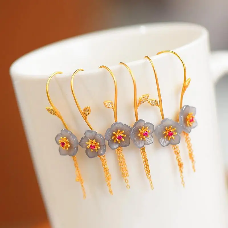 Naravni Hetian bliskavice jade majhen cvet uhani Kitajski retro slogu majhne občutljivo tassel Daimeng pravljice blagovne znamke srebrni nakit