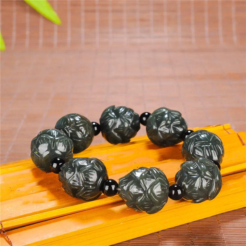 Naravni Hetian Qingyu Lotus in bučno Noge Jade Zapestnica Nakit Fine Nakit, Srečo, Varnost Ugoden Amulet Jade Zapestnica