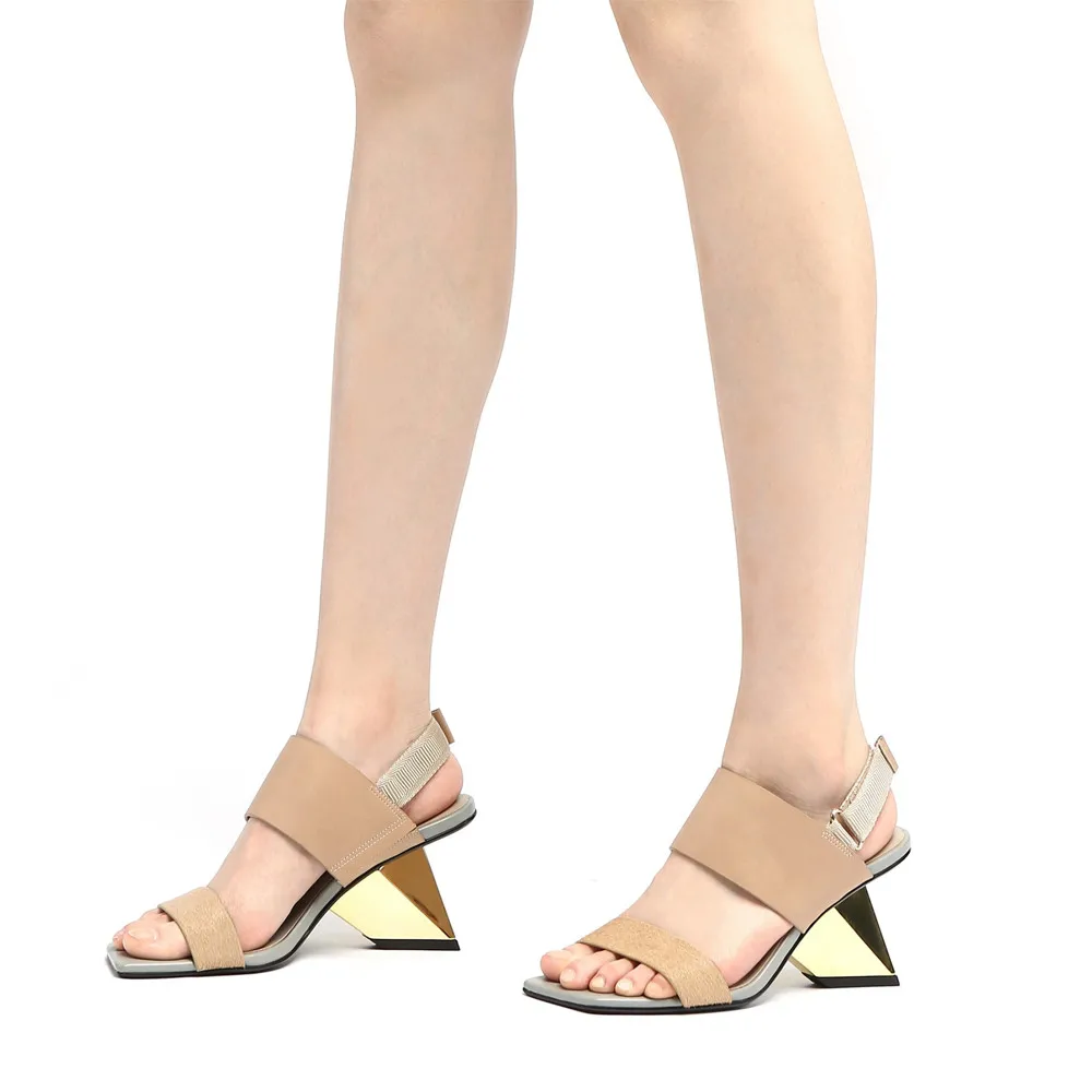 Naravno usnje mešane barve peep toe 7.5 cm edinstveno visokih petah ženske sandale znamke čevlji poletje HL206 MUYISEXI