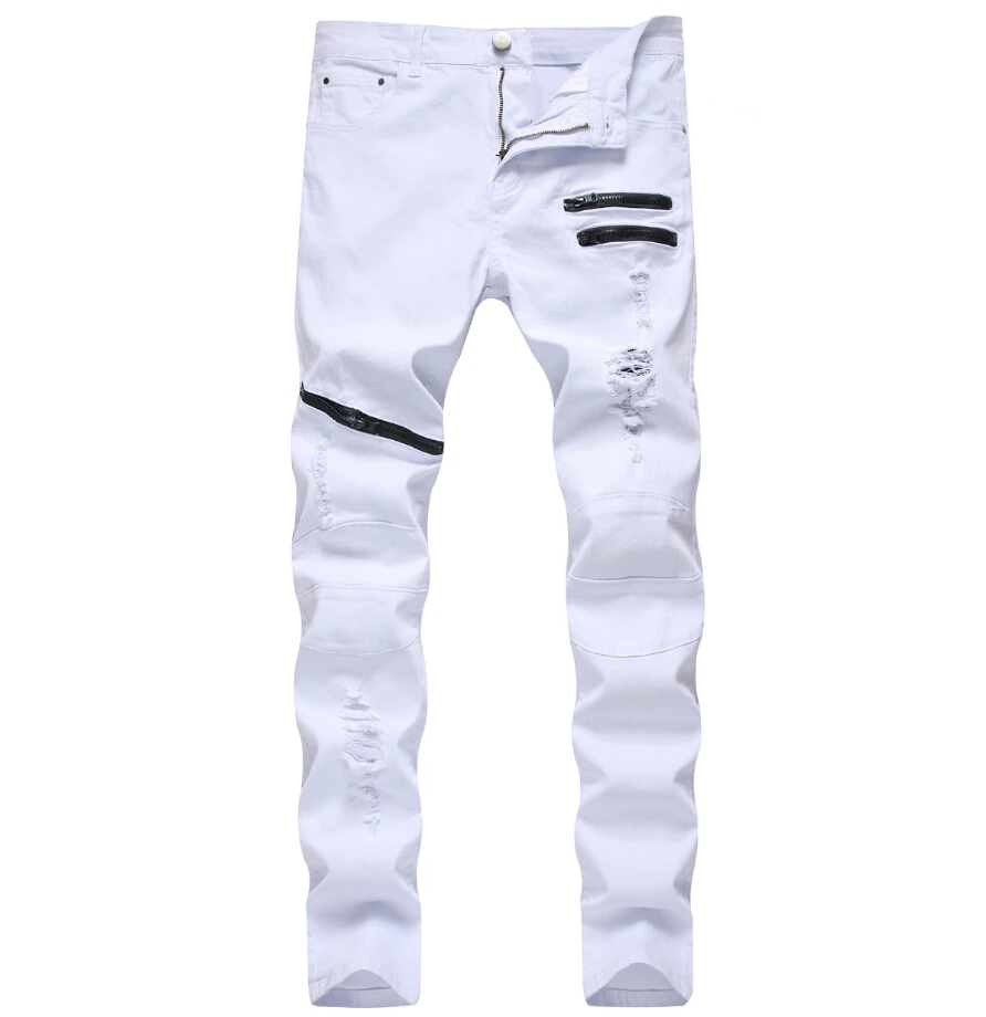 Naravnost luknjo uničenje hlače stiski kavbojke moški traper hlače moške jeans modni oblikovalec blagovne znamke bele kavbojke moški