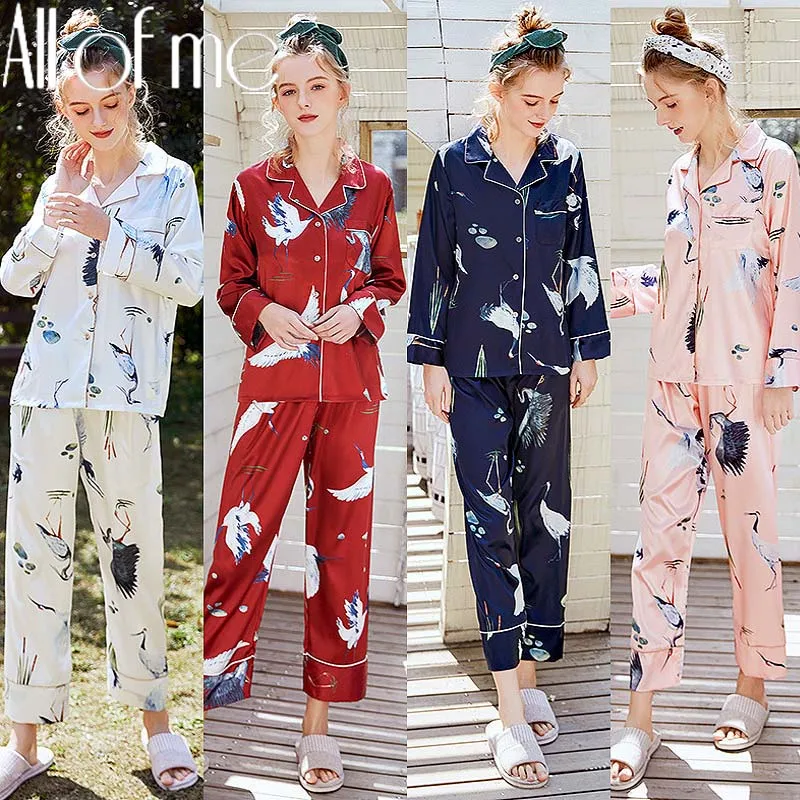 Nastavite Seksi Pižamo Ženske Pravljice Žerjav Tiskanje Homewear Obleko Z Dolgimi Rokavi Ženske More Imitacije Svile Pižame Saten Sleepwear