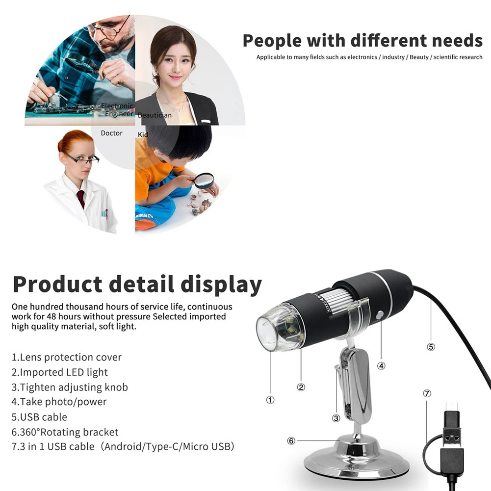 Nastavljiv 1000X 2MP 1080P 8 LED Digitalni Mikroskop Tip-C/Micro USB Lupo 3 v 1 Elektronski Stereo USB-Endoskop Za Telefon